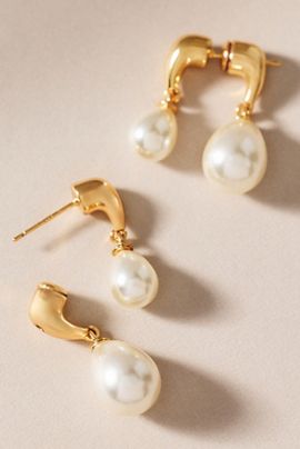 Anthropologie Studio Bride Gilded Asymmetric Pearl Drop Earrings
