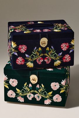 Anthropologie Zoe Velvet Floral Embroidered Jewelry Box