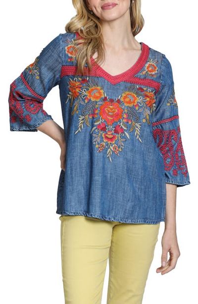 APNY APNY Floral Embroidered Denim Top