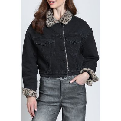 APNY APNY Midnight Leopard Faux Fur Trim Trucker Jacket