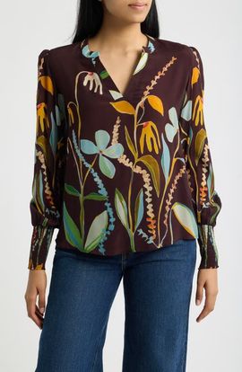 APNY APNY Print Split Neck Top with Smocked Cuffs