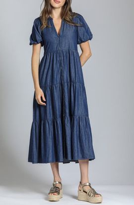 APNY APNY Puff Sleeve Tiered Denim Maxi Dress