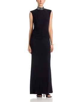 Aqua Aqua Beaded Mock Neck Gown