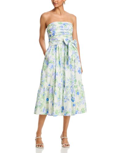 aqua cotton poplin gathered midi dress Cotton Poplin Drop Waist Smocked Back Midi Dress With Pockets