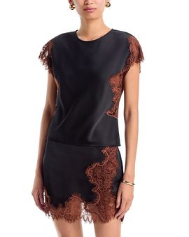 Aqua Aqua Cap Sleeve Lace Trim Satin Top