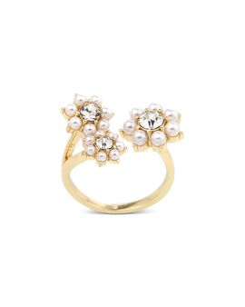Aqua Aqua Cubic Zirconia & Imitation Pearl Flower Open Ring