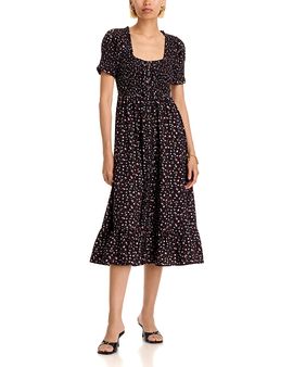 Aqua Aqua Ditsy Floral Smocked Short Sleeve Midi Dress