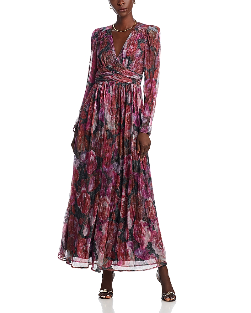 Aqua - Floral Crinkle Metallic Long Sleeved Maxi Dress