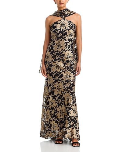 Aqua Aqua Floral Print Satin Scarf Neck Gown