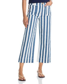 Aqua Aqua High Rise Wide Leg Cropped Jeans in Navy/White