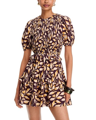 Aqua Aqua Leaf Print Puff Sleeve Smocked Mini Dress
