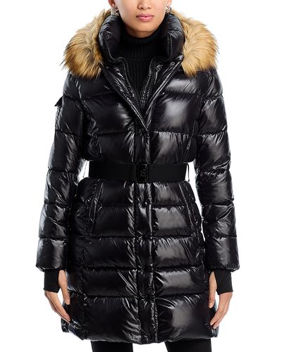 Aqua Aqua Long Belted Puffer with Faux Fur Trimmed Hood