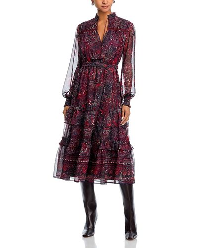 Aqua Aqua Long Sleeve Paisley Border Dot Midi Dress