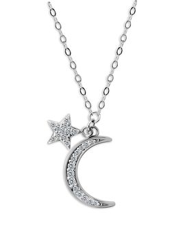 Aqua Aqua Pave Cubic Zirconia Moon & Star Charm Necklace in Sterling Silver or 18K Yellow Gold Plated Sterling Silver, 16-18L