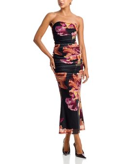 Aqua Aqua Placed Floral Mesh Strapless Iris Print Maxi Dress