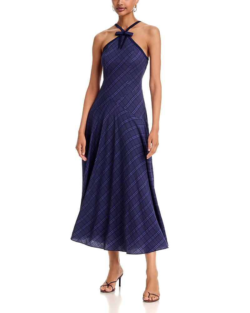 plaid crinkle georgette halter dress Aqua Lauren peerless