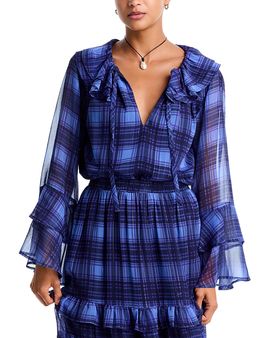 Aqua Aqua Plaid Ruffled Tie Neck Blouse