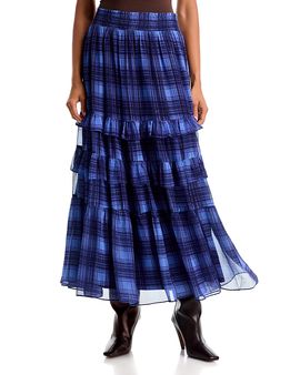 Aqua Aqua Plaid Ruffled Tiered Maxi Skirt