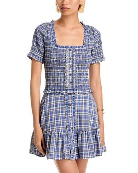 Aqua Aqua Plaid Short Sleeve Smocked Top