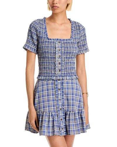 Aqua Aqua Plaid Short Sleeve Smocked Top