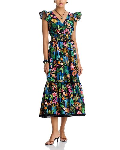 Aqua Aqua Tropical Ruffle Sleeve V Neck Midi Dress