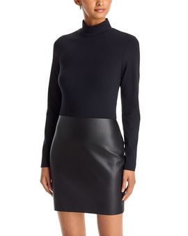 Aqua Aqua Turtleneck Mixed Media Faux Leather Dress