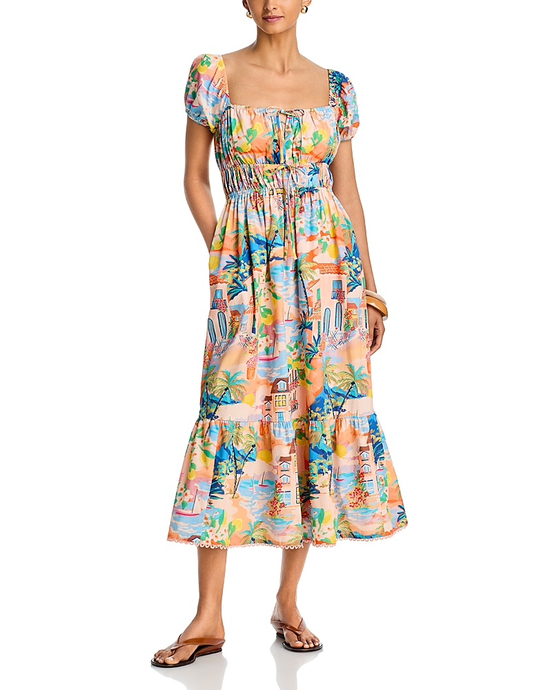 Aqua Aqua Villa Print Puff Sleeve Midi Dress