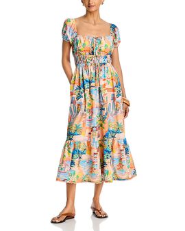 Aqua Aqua Villa Print Puff Sleeve Midi Dress