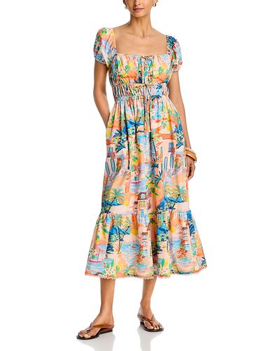 Aqua Aqua Villa Print Puff Sleeve Midi Dress