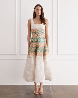 ivory a line midi dress Cap Sleeve Lace Midi Dress In Ivory Nude main image 0