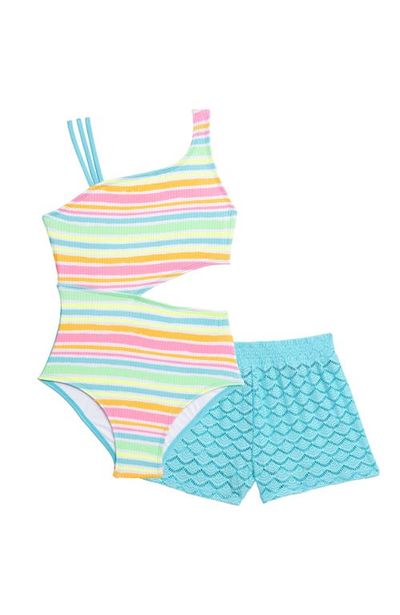 Aqua Green Aqua Green Girls Strappy Cutout Ribbed One Piece Swimsuit with Crochet Short Coverup 2-Piece Set