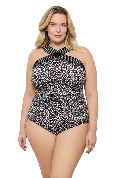 Aqua Green Aqua Green Plus Size Novelty Trim High Criss Cross Neck Full Coverage One-Piece Swimsuit