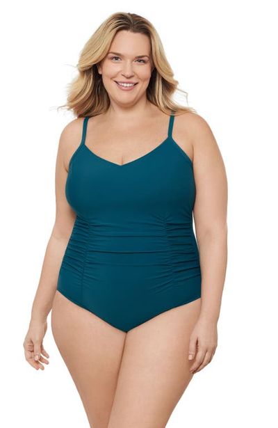 Aqua Green Aqua Green Plus Size Princess Seam V-Neck Side Shirred Adjustable One-Piece Swimsuit