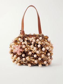 AQUAZZURA Pom Pom leather-trimmed beaded woven raffia mini bag