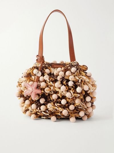 AQUAZZURA Pom Pom leather-trimmed beaded woven raffia mini bag