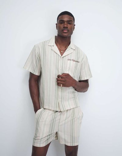 Aray Aray camp collar beach shirt in beige khaki stripe-Neutral