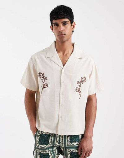 Aray Aray embroidered camp collar beach shirt in beige-Neutral