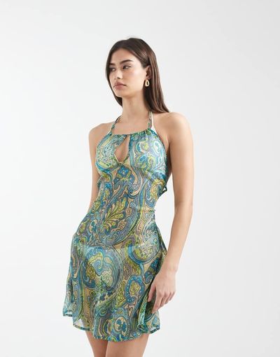 Aray Aray halterneck sheer beach mini dress in turquoise paisley print-Blue