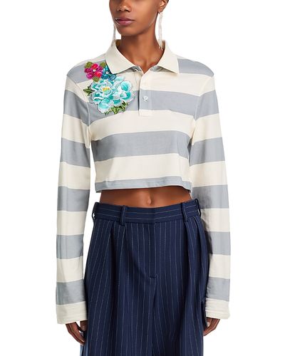 Area Area Embroidered Flower Rugby Stripe Crop Polo