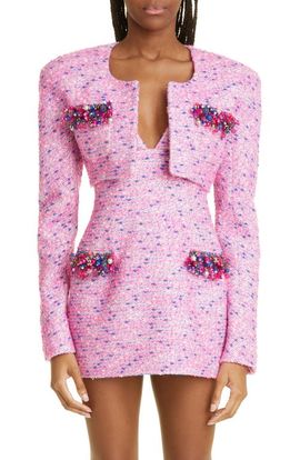 Area Area Grape Embellished Crop Bouclé Tweed Jacket
