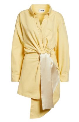 Area Area Satin Knot Long Sleeve Cotton Oxford Shirtdress