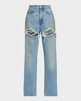 AREA Crystal Frayed Slit Barrel-Leg Jeans