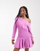 Aria Cove Aria Cove asymmetric shoulder shirred waist ruffle mini dress in pink - 2