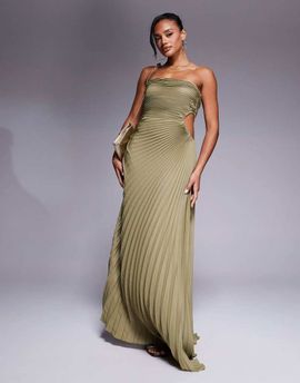 Aria Cove Aria Cove bandeau open side pleated maxi dress in olive-Silver