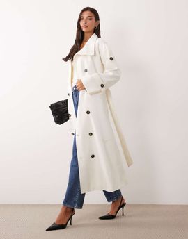 Aria Cove Aria Cove belt detail wide sleeve trench maxi coat in cream-WHITE