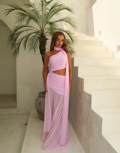 Aria Cove Aria Cove chiffon drape detail cut out side sheer hem wrap scarf detail maxi dress in bubblegum pink
