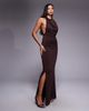 Aria Cove Aria Cove double layered slinky asymmetric halterneck low twist back dress maxi dress in chocolate-Brown - 1