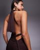 Aria Cove Aria Cove double layered slinky asymmetric halterneck low twist back dress maxi dress in chocolate-Brown - 2