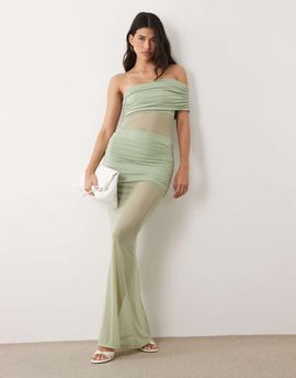 Aria Cove Aria Cove double layered slinky asymmetric off shoulder mesh insert sheer hem maxi dress in sage-Green