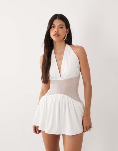 Aria Cove Aria Cove double layered slinky halterneck mesh insert detail mini dress in white